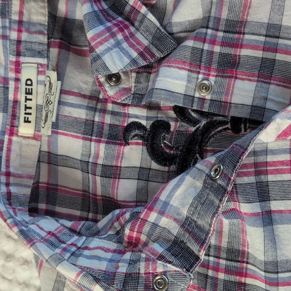 Ariat Women's Plaid Button-Down Shirt - Pink and Gray Embroided Back - Picture 10 of 11